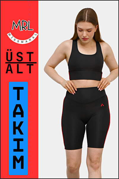 missmaral Kadın Siyah Takım Alt-Üst Kısa Şort-Tayt ve Pedli Sporcu Büstiyer 2li Set Kırmızı Biyeli elt3043