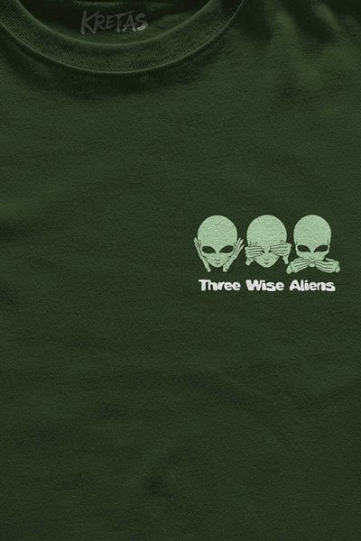 Kretas Unisex Khaki T-Shirt Three Wise Aliens Ufo Mars Space Cosmos Minimal Printed T-Shirt