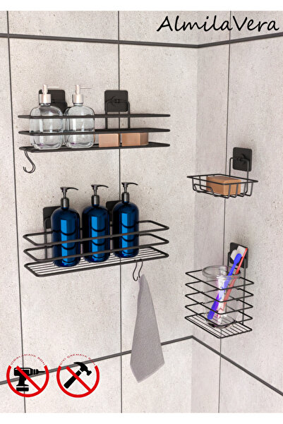 KapKacakAl Vidalı Siyah Paslanmaz Metal Banyo Rafı Düzenleyici 4'lü Set Duş R...