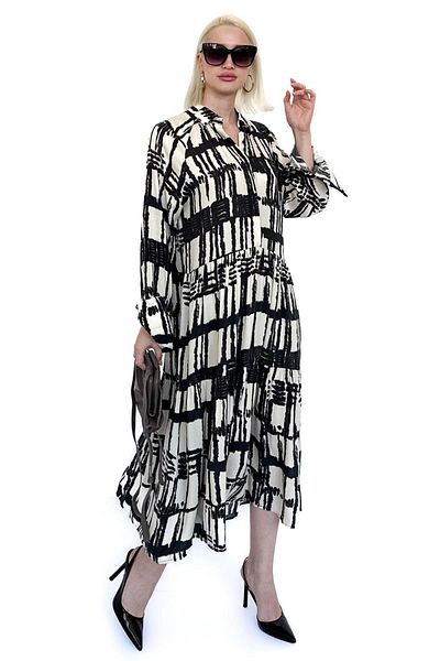 Madmext Ecru Long Sleeve Buttoned Patterned Dress Mg2430