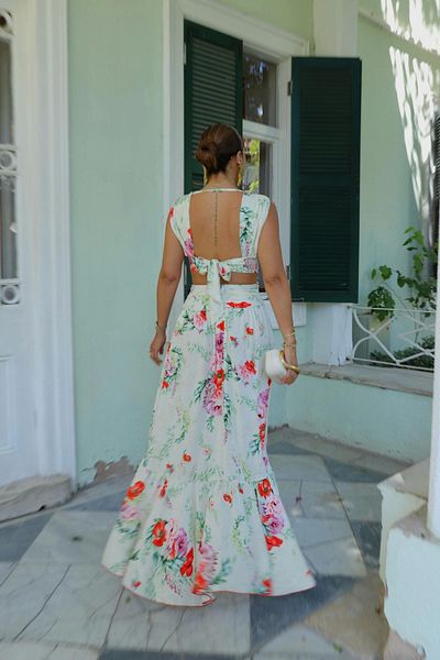 Purple by Banu Ecru Floral Pattern Bustier Skirt Set