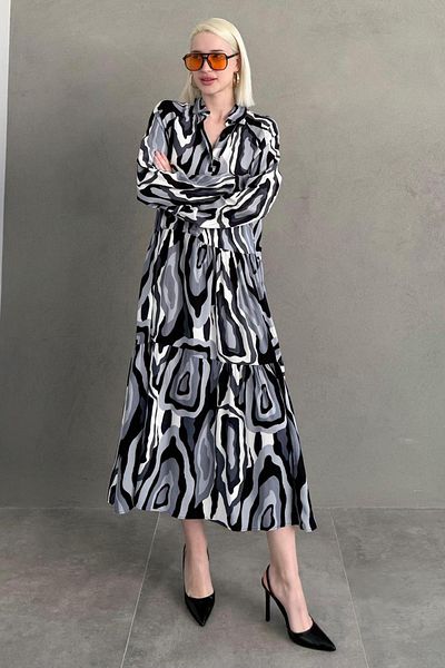 Madmext Gray Long Sleeve Buttoned Patterned Dress Mg2430