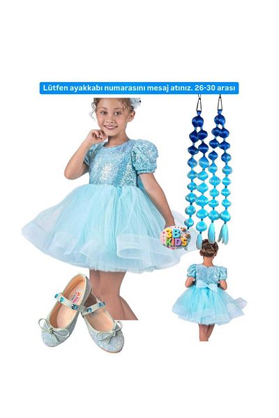 3b kids Sequin Elsaa Princess Blue Fluffy φόρεμα 2 τεμαχίων Bubble Hair Blue Ribbon Bow Ballerina