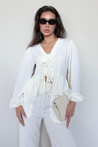 Madmext Ecru Front Tie Blouse Trousers Set Mg2343