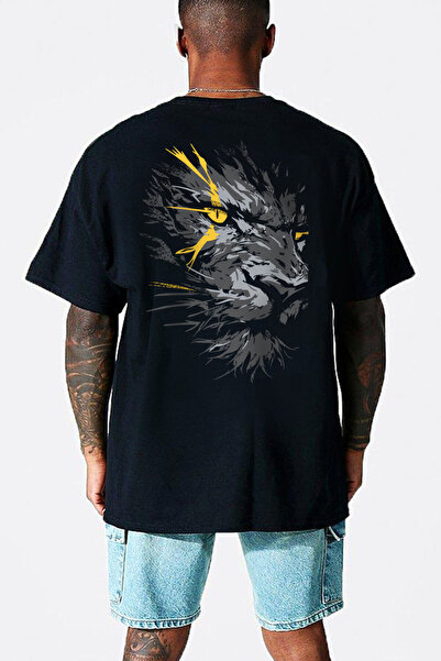 ROCKANDROLL تي شيرت رجالي أصفر العينين أرسلان أسود مطبوع من الخلف مقاس كبير