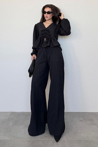 Madmext Black Tie Front Blouse Pants Set Mg2343