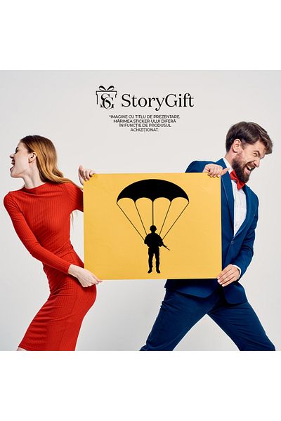 StoryGift Romania Sticker Autocolant 70CM Exterior cu un soldat care tocmai a aterizat cu parasuta - misiune raz