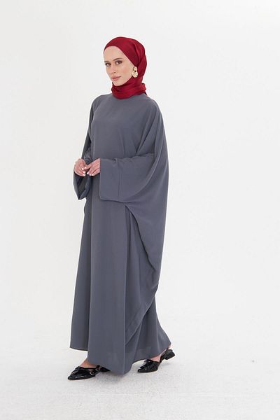 HÜRREM BONE Ανθρακί μανίκι νυχτερίδας Oversize Medina Silk ίσιο φόρεμα με κουμπιά στην πλάτη 4001_25