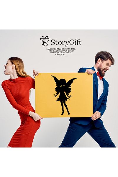 StoryGift Romania Sticker Exterior cu o fetita afro cu aripi de zana , Vinyl Negru, 40 cm