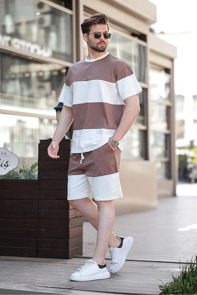 Madmext Καφέ ριγέ ανδρικό σορτς T-Shirt Σετ E7420