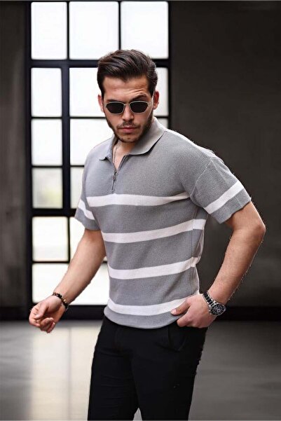 Valiberta Μπλουζάκι με μισό φερμουάρ ριγέ Oversize Knitwear - Γκρι