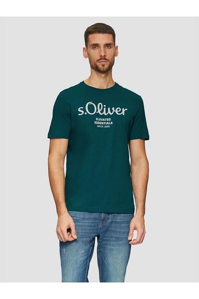 s.Oliver Men's Crew Neck T-shirt With Logo Print, Turquoise, L