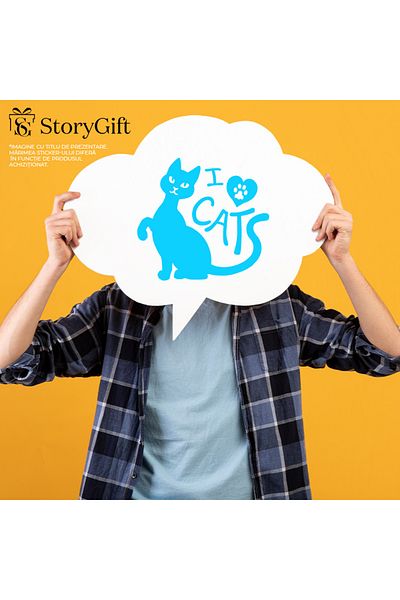 StoryGift Romania Sticker Eticheta 50CM Exterior cu o pisica si mesajul in engleza "I love cats" - iubesc pisici