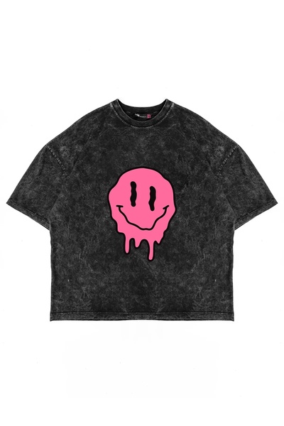 Bak Moda Acid Smile Štampano Oversize kroj Unisex periva crna majica