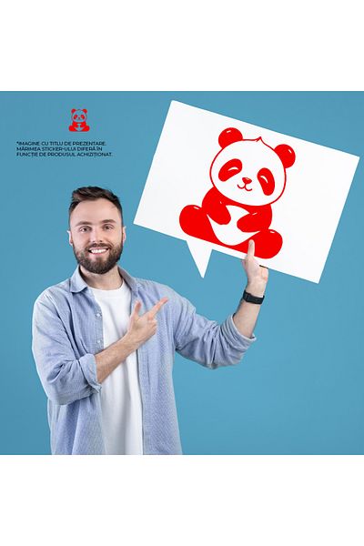 StoryGift Romania Sticker Autocolant 70CM Exterior cu un ursulet Panda vesel - lenes , Vinyl Rosu, 70 cm