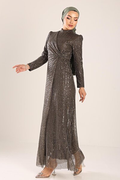 Olcay Suknia wieczorowa hidżab z falbaną i cekinami COFFEE 1677