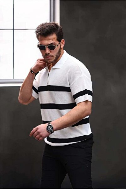 Valiberta Half Zipper Striped Oversize Knitwear T-shirt - White