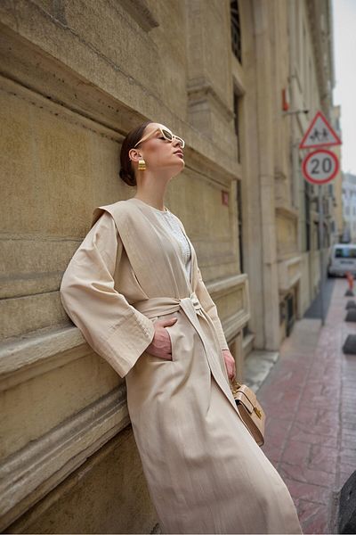Garzia Belted Linen Cap with Shoulder Stitching Detail