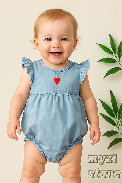 MYZİ STORE Newborn Baby Summer Strawberry Embroidered Denim Baby Rompers with Ruffled Sleeves