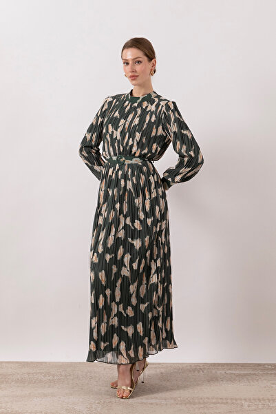 Stilife Belise Piliseli Şifon Elbise Haki