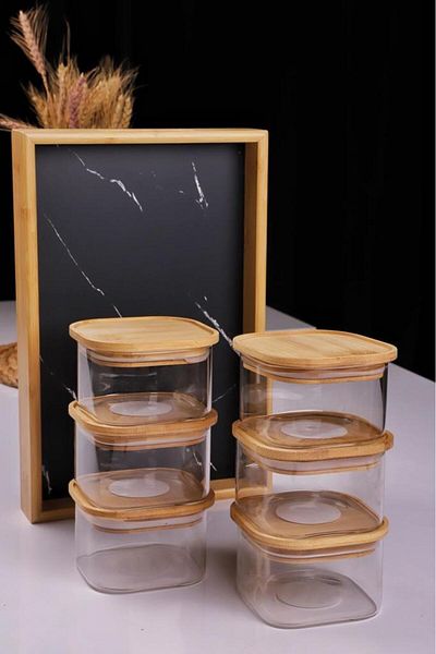 Atbyhome Duo 400ml 6-Piece Bamboo Black Marble Pattern Tray Bamboo Vacuum Lid Glass Breakfast