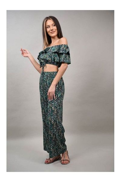 sweet girl Serafino Animal Print Ruffle Crop Top Pant Suit Green L-xl