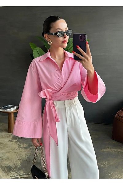 MY QILAM Number 10 Fashion Women's Pink Wide Cuff Sleeve Detailed Tie Front Poplin Shirt