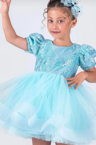 3b kids Elsaa Princess Blue Fluffy Dress + 2Pcs Blue Glitter Bubble Hair + Blue Heels Set