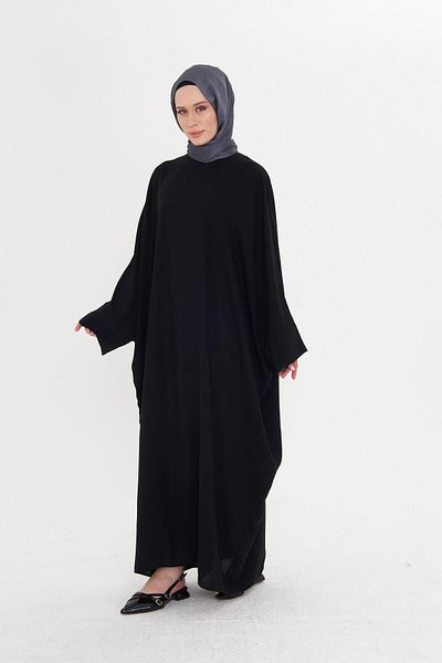 HÜRREM BONE Rochie dreaptă cu mâneci liliac negru oversize din mătase Medina cu nasturi la spate 4001_01