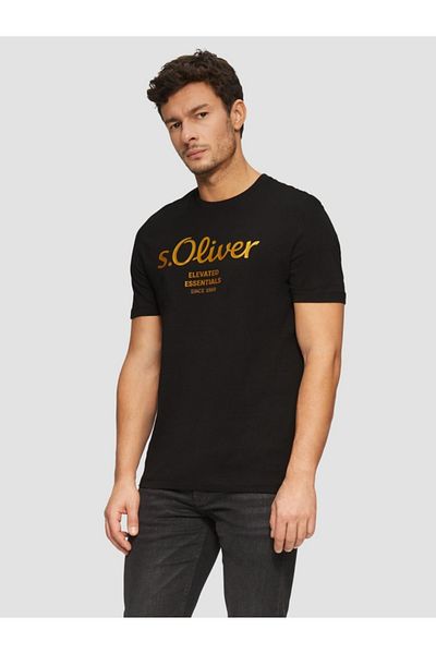 s.Oliver Men's Crew Neck T-shirt With Logo Print, Black, L