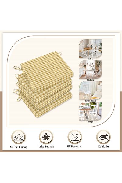 Evim Canvas 4-Piece Plaid Liquid-Proof Stain-Proof Zippered Lace-Up Chair Cushion Yellow 40 X 40 cm