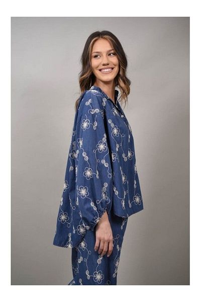 FASHIONLAND Camasa Cu Guler Mao Broderie Napoli Talie Unica Denim