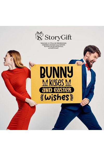 StoryGift Romania 90CM Exterior Adhesive Sticker with bunny ears and the message "Rabbit kisses and Happy Birthday wishes"