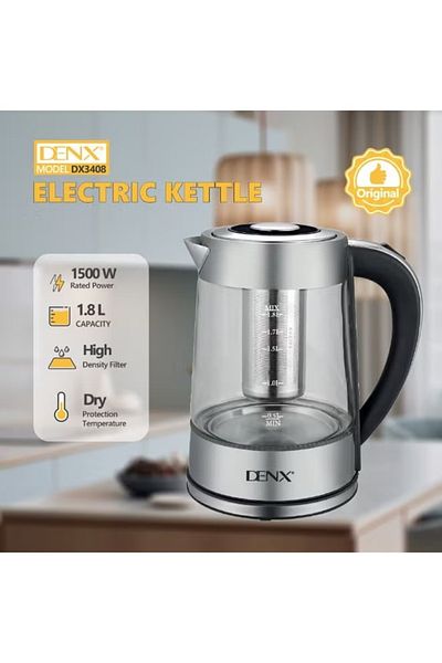 Denx غلاية كهربائية سعة 1.8 لتر مع 12 عنصر تحكم في درجة الحرارة لمدة تصل إلى 24 ساعة، فلتر من الفولاذ المقاوم للصدأ، DX3408