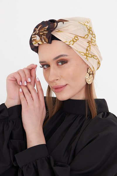 HÜRREM BONE Beige Practical Ready-Made Hijab Bonnet Cut Fiber Retro Patterned 2409_12