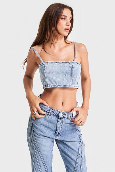 its basic Bustieră din denim cu design special pentru femei, culoare denim, cu bretele din piatră strălucitoare