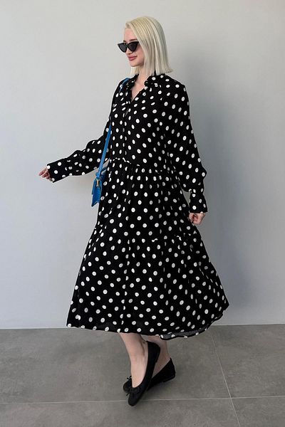 Madmext Black Long Sleeve Buttoned Patterned Dress Mg2430