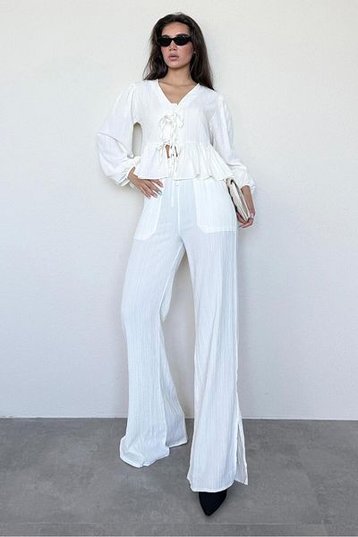 Madmext Ecru Front Tie Blouse Trousers Set Mg2343