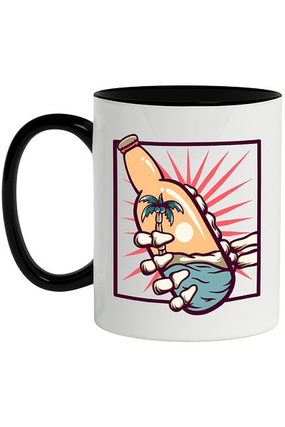 StoryGift Romania Glass Mug, Ocean, Island, Palm Tree, Sunset, Skeleton, Hand, Multicolor 330 ml, , With ,STG.