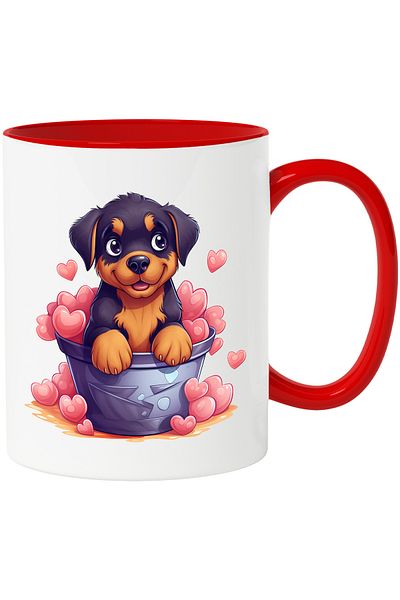 StoryGift Romania Mug with a cheerful puppy sitting in a pot | illustration | lots of heart, With ,STG