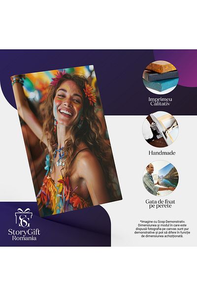 StoryGift Romania Tablou Canvas: Bucuria Colorata Fata Pictata Pe Fata Cu Flori In Par Danseaza La O Petrecere H