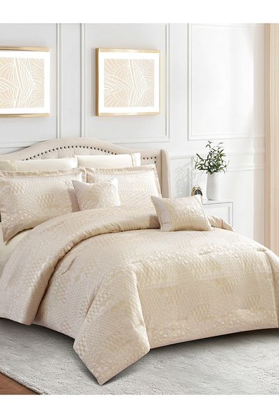 Donetella Premium King Comforter Set 8-Pcs, Jacquard Bedding with 350 GSM Poly Silk Filling