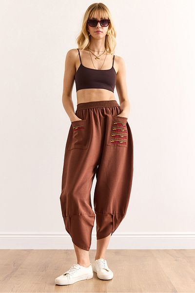 Olalook Women's Brown Pocketed Ethnic Garnished Leg Detailed Linen Content Trousers Pnt-19000344