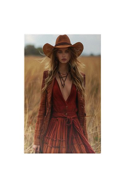 StoryGift Romania Tablou Canvas Fata Imbracata In Rochie Rosie Cu Palarie Si Lant Cu Ochii Albastri In Campul De