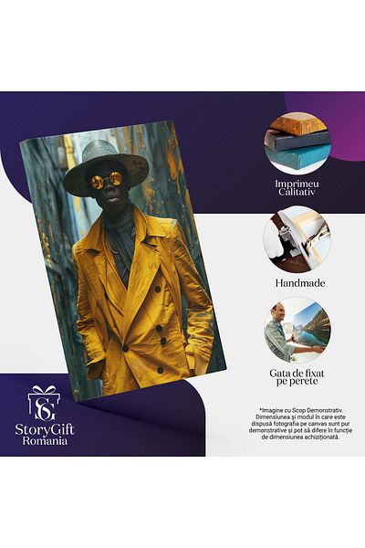 StoryGift Romania Tablou Canvas Barbat African Cu Palarie Si Ochelari Cu Esarfa In Palton Galben Cu Nasturi Negr