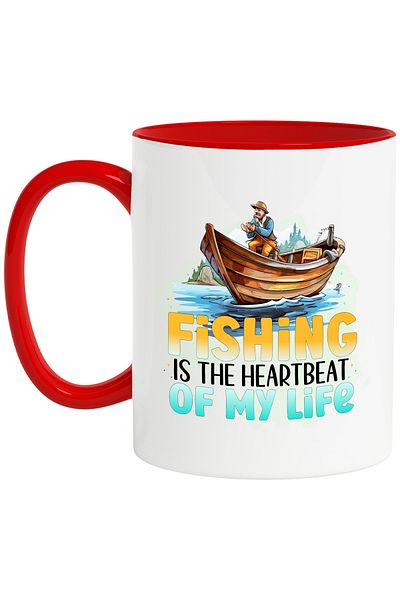 StoryGift Romania Mug with fisherman in boat with the message "Fishing is the heartbeat of my life", illustr., With ,STG.