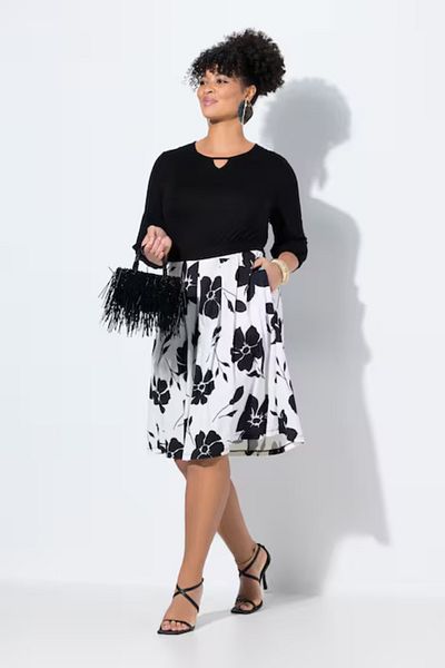 Şans Women's Large Size Black E Tek Etik Part, Floral Patterned Viscose Dress