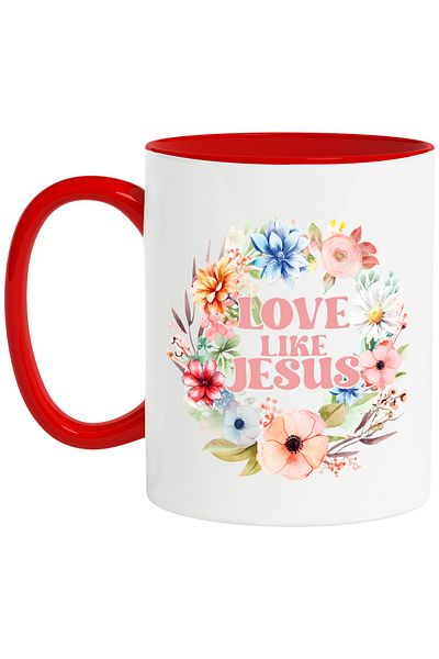 StoryGift Romania Mug with the message "Love like Jesus", religion, illustration, faith, colorful flowers, With,STG.