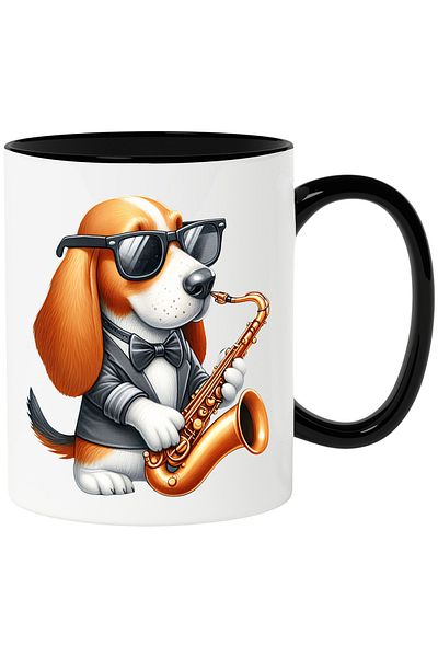 StoryGift Romania Mug with a dog with glasses playing the saxophone | illustration | jacket | bow tie, With ,STG.