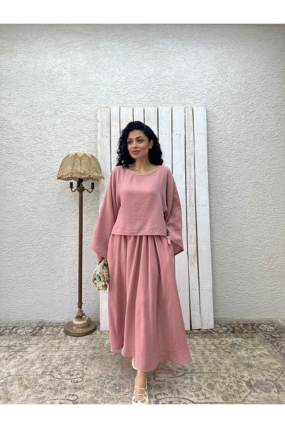KÜÇÜĞÜM BUTİK Set bluză casual din muselină pudră și fustă evazată (SET DE 2)